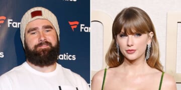Jason Kelce High-Fives Taylor Swift, Poses With Fans in Stands