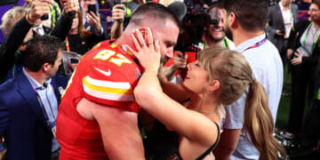 Taylor Swift wears special necklace in nod to boyfriend Travis Kelce as he celebrates Chiefs' Super Bowl win