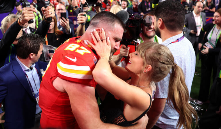 Taylor Swift wears special necklace in nod to boyfriend Travis Kelce as he celebrates Chiefs’ Super Bowl win