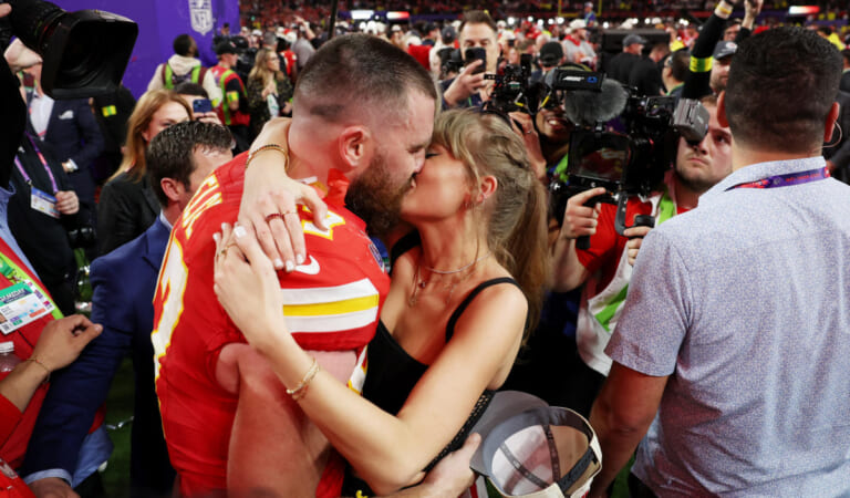 Sealing Travis Kelce and the Chiefs’ win with a kiss, dancing to ‘Love Story’ and leaving the after-party hand in hand